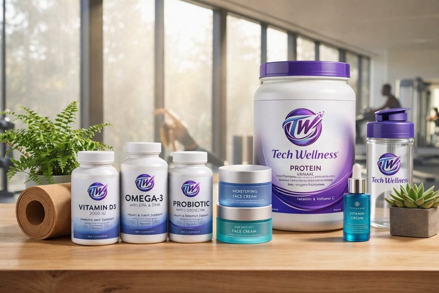 Linha completa Tech Wellness — suplementos, cosméticos e fitness